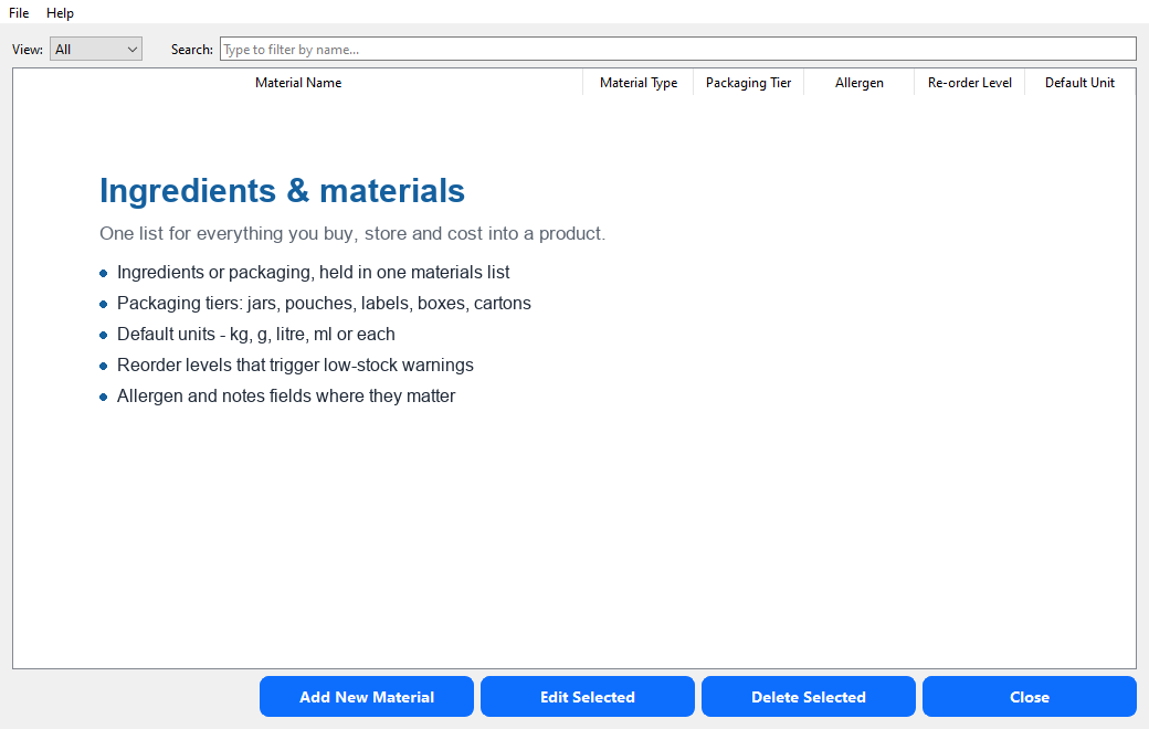 Ingredients and materials screen: one list of everything you buy, with packaging tiers, units, reorder levels and allergens.