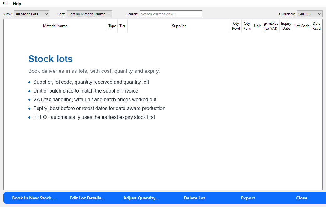 Stock lots screen: book deliveries in as lots with cost, quantity, expiry and FEFO support.