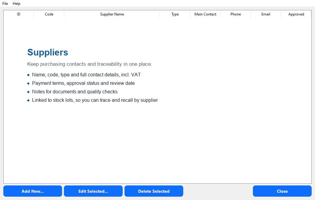 Suppliers screen: keep purchasing contacts, payment terms and traceability links in one place.