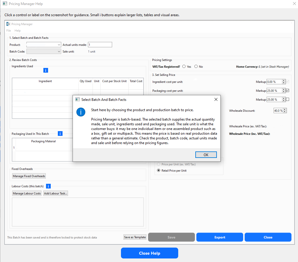 Prodexa interactive visual help: clicking a control on the screen opens a plain-English explanation popup