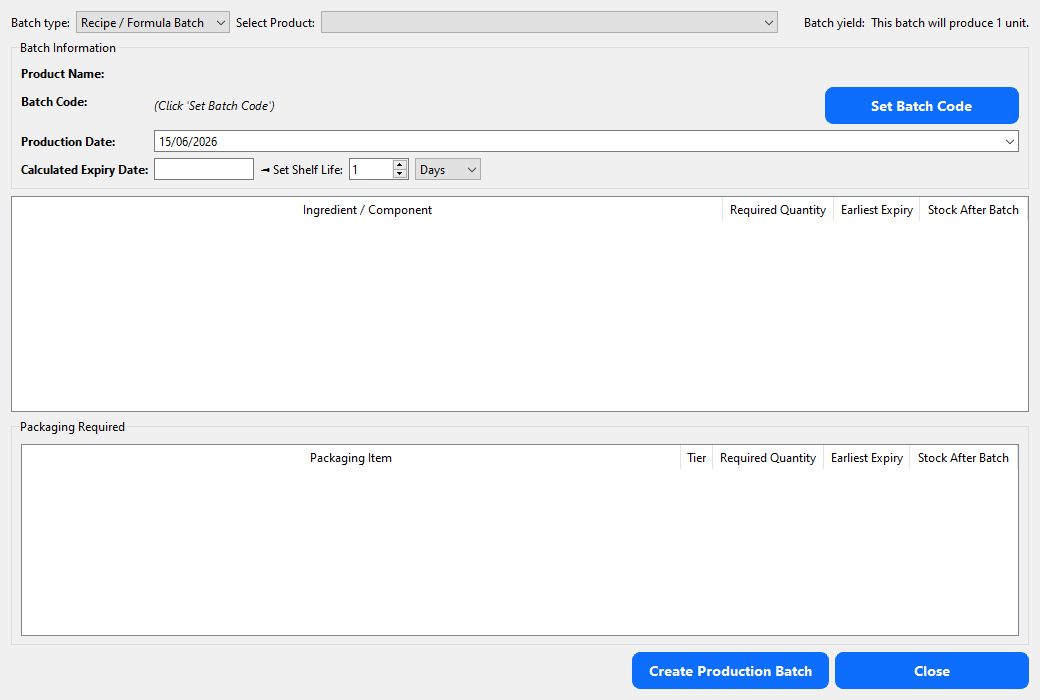 Production batches screen: record a production run, deduct ingredient stock automatically and generate a traceable batch code.