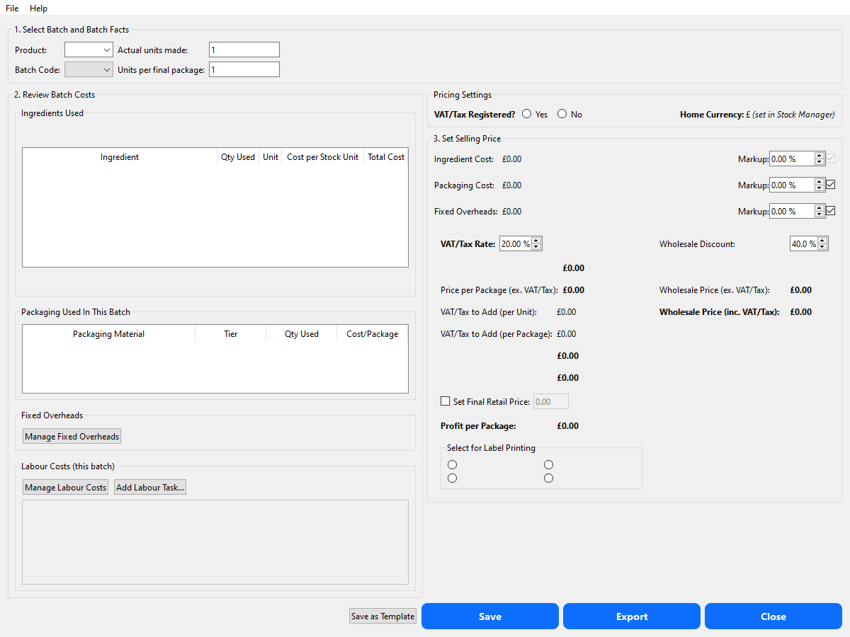 Pricing screen: bring ingredient costs, labour and overheads together and set a selling price with live profit-per-unit shown.