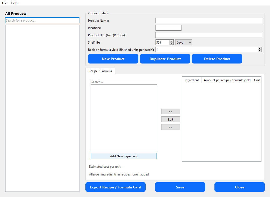 Recipes and formulas screen: define ingredients, quantities and yield for each recipe or formula you make.