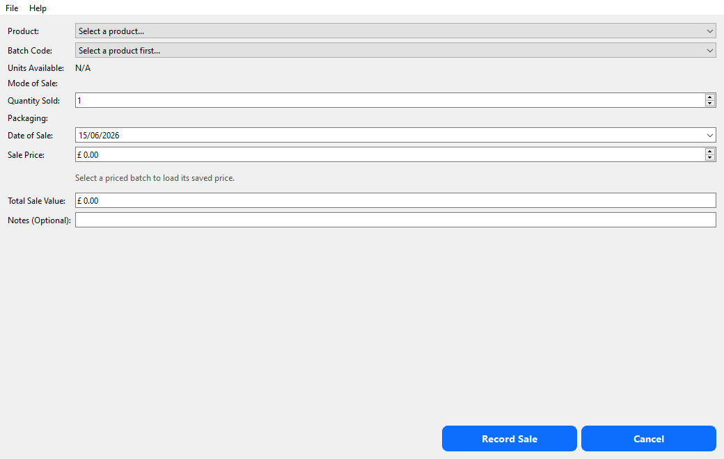 Sales records screen: log what you sell from finished batches with quantities, price and automatic stock deduction.